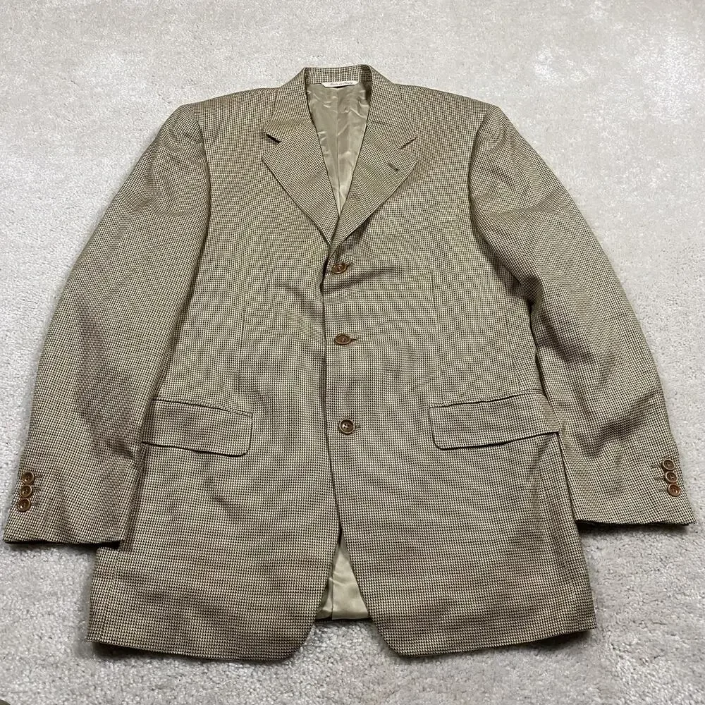 Canali Blazer Mens 48R Beige Brown Houndstooth Silk Wool Sport Coat Made Italy